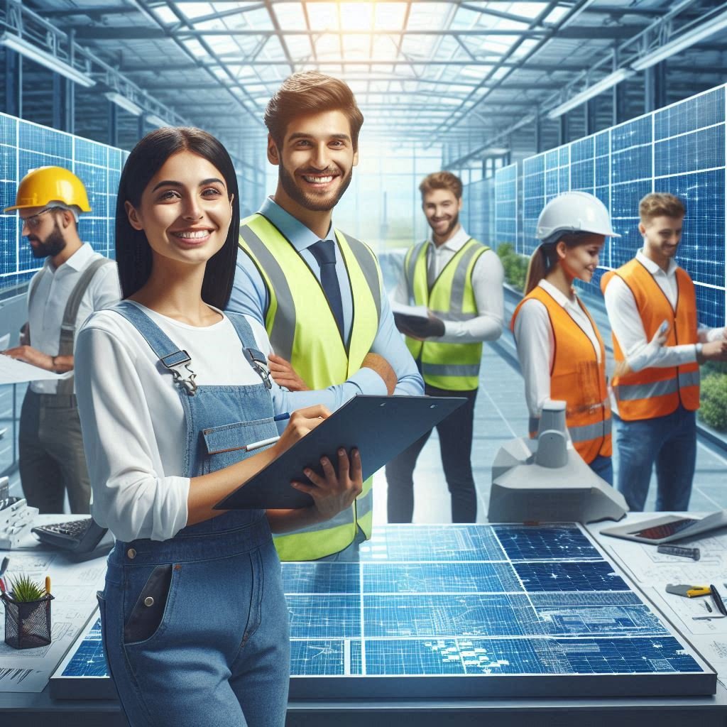 Workplace Policy- Shree Ganesha Solar: Professionals and solar engineers collaborating in a bright, modern office with blueprints, digital overlays, and solar panel models, reflecting a high-tech, team-oriented work culture.