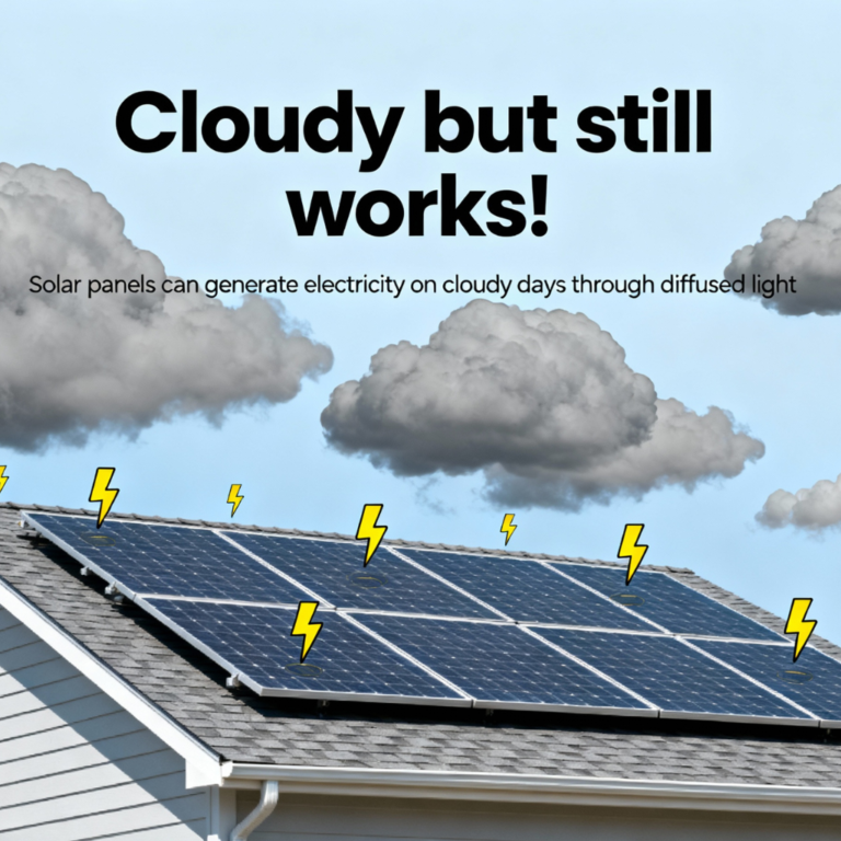 Infographic showing solar panels generating electricity on a cloudy day with the text 'Cloudy but still works!' indicating solar panels can produce power even when sunlight is limited