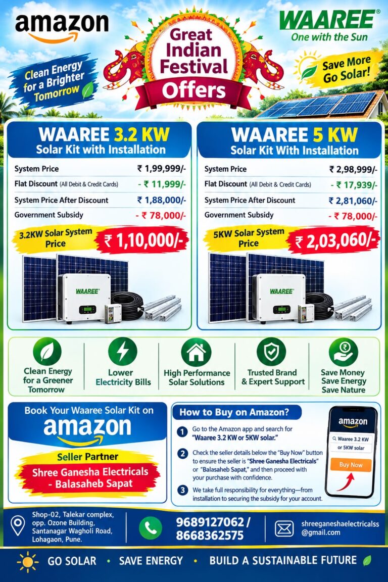 Waaree 3.2 KW and 5 KW Solar Kit with installation price and subsidy offers on Amazon by Shree Ganesha Electricals Pune.
